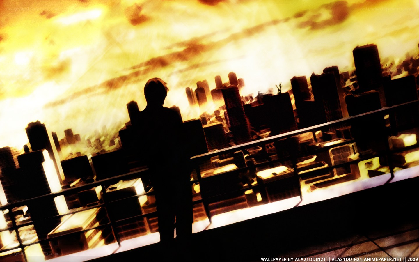 silhouette overlooking a burning city