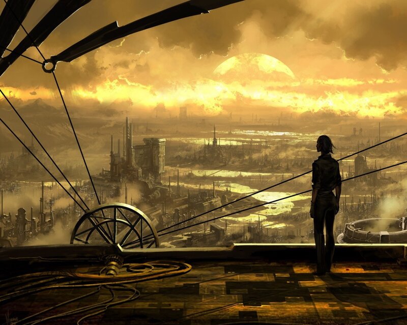 Silhouette overlooking a dystopian city