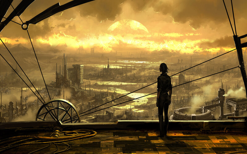 Silhouette overlooking a dystopian city