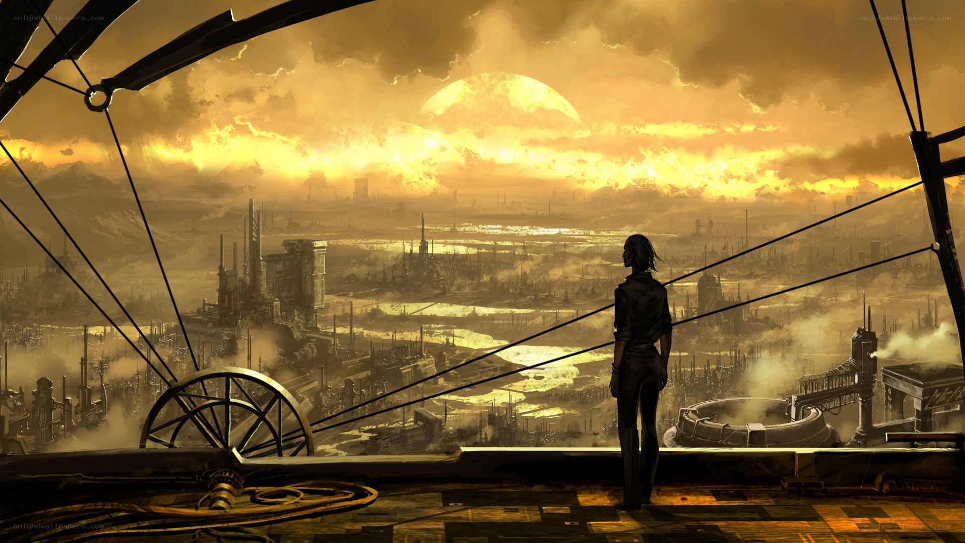 Silhouette overlooking a dystopian city