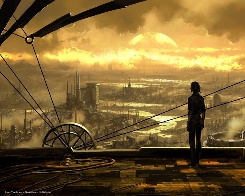 Silhouette overlooking a dystopian city