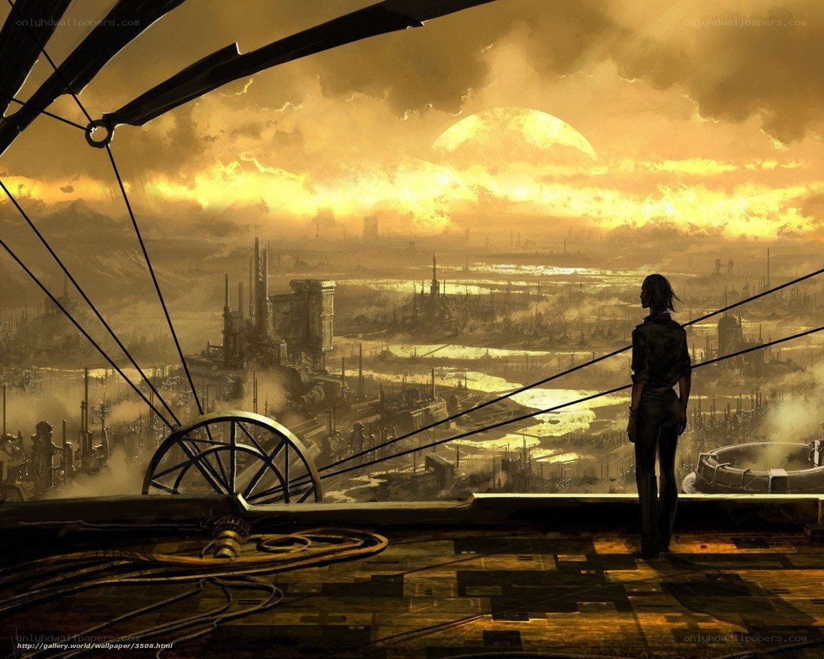 Silhouette overlooking a dystopian city