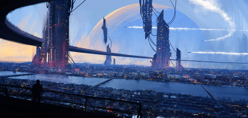Silhouette Overlooking City — Blue, Dramatic, Night, Digital Art, Cityscape