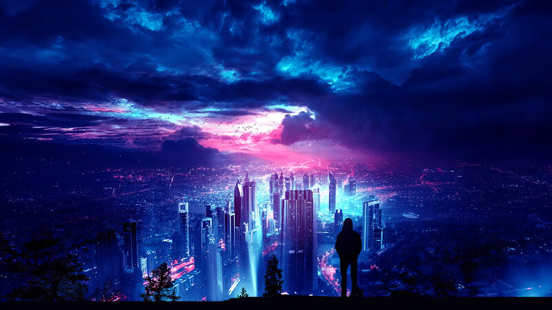 Silhouette Overlooking City — Blue, Dramatic, Night, Digital Art