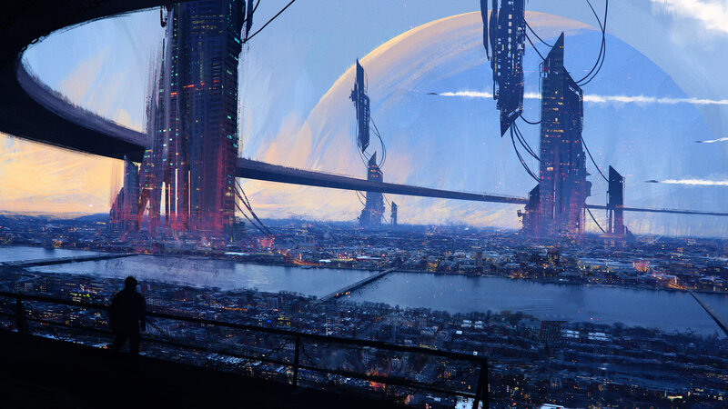 Silhouette Overlooking City — Blue, Dramatic