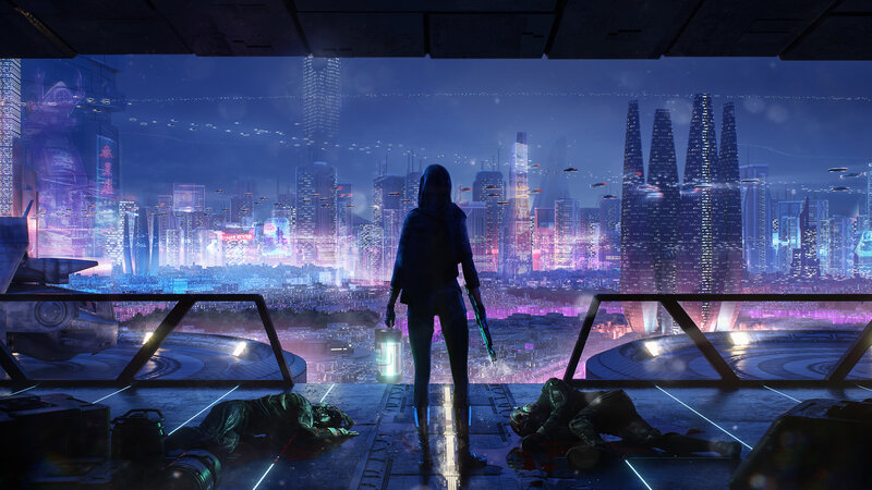 Silhouette Overlooking City — Blue