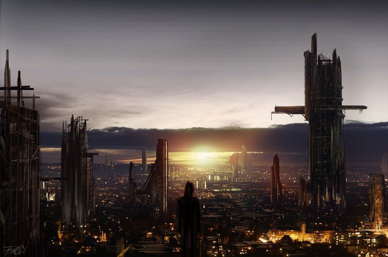 Silhouette Overlooking City — Gray