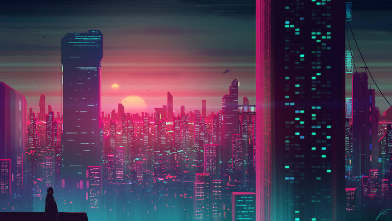 Silhouette Overlooking City — Pink, Dramatic