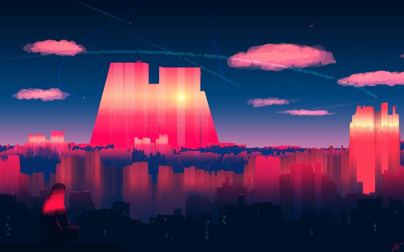Silhouette Overlooking City — Pink