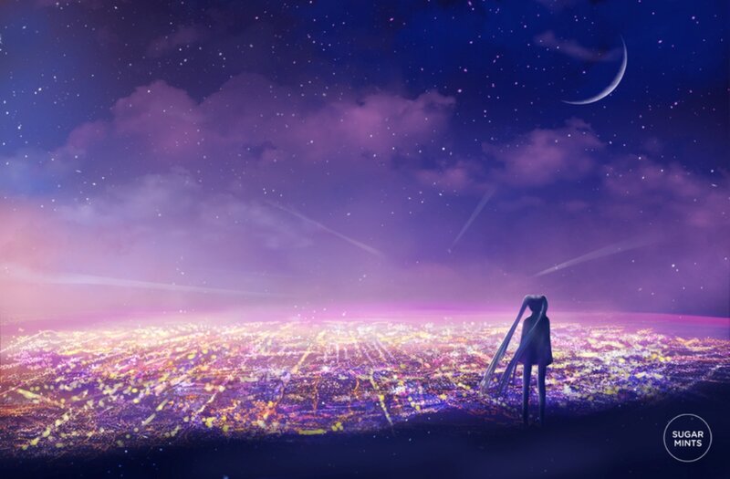 Silhouette Overlooking City — Purple