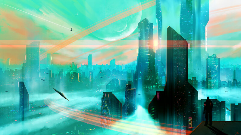 Silhouette Overlooking City — Teal