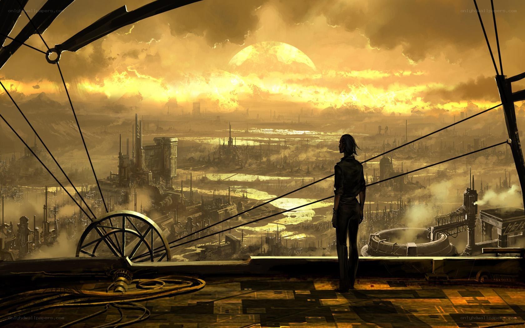 Silhouette overlooking dystopian city