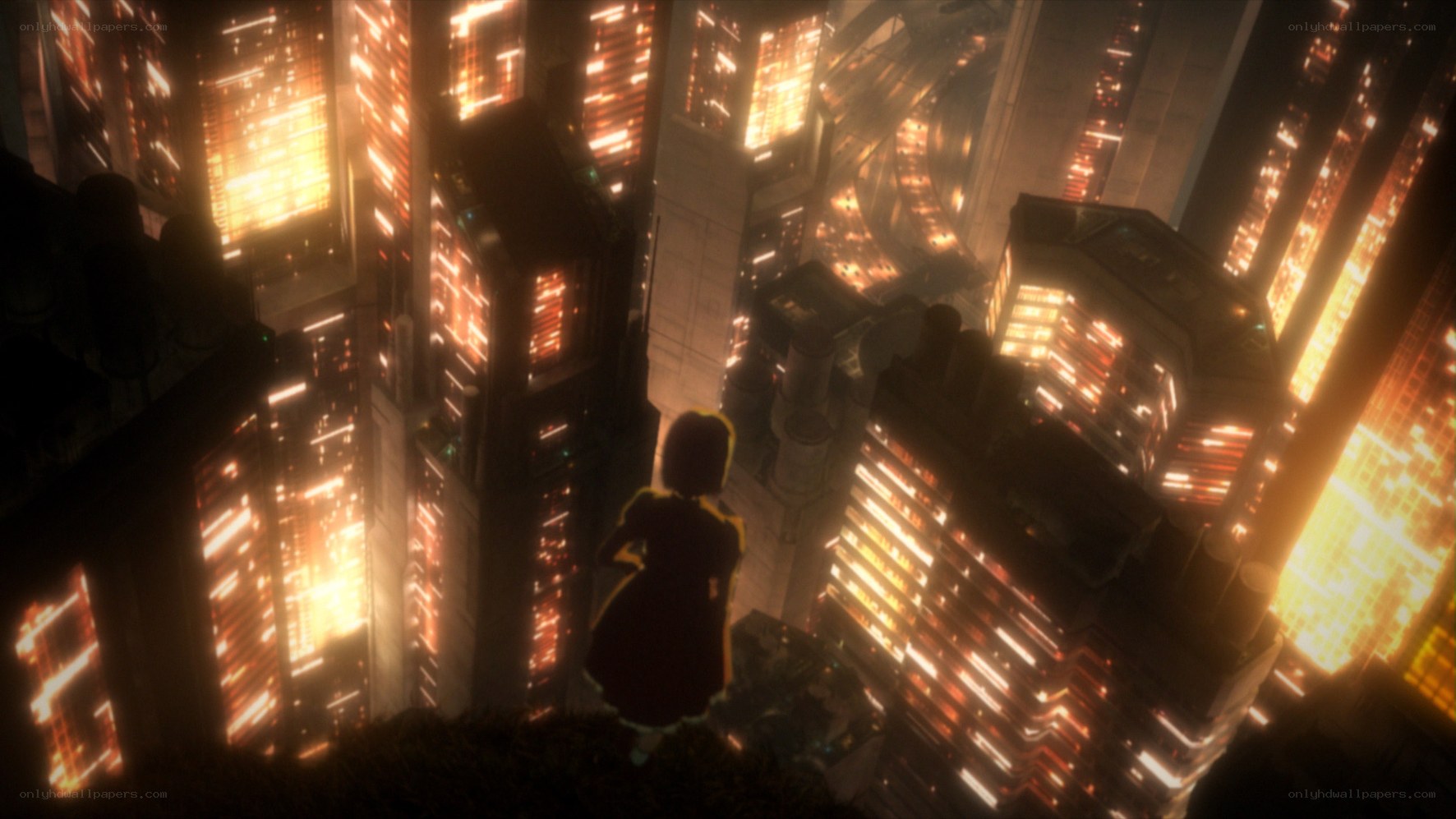 silhouette overlooking neon city