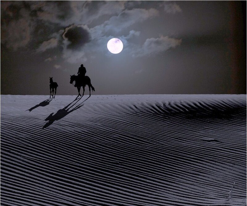 Silhouette riders on dunes at night
