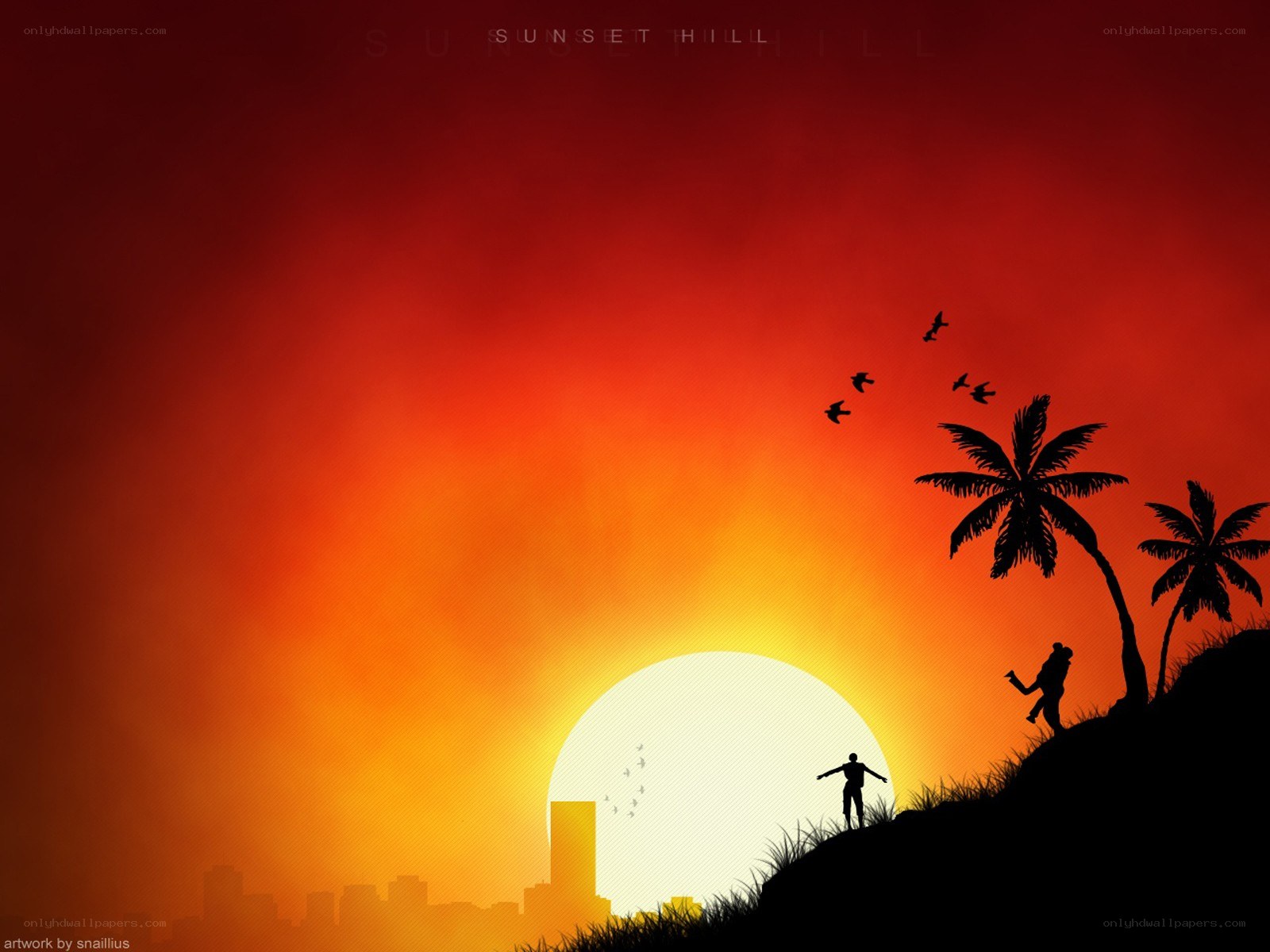 Silhouette sunset on a hill