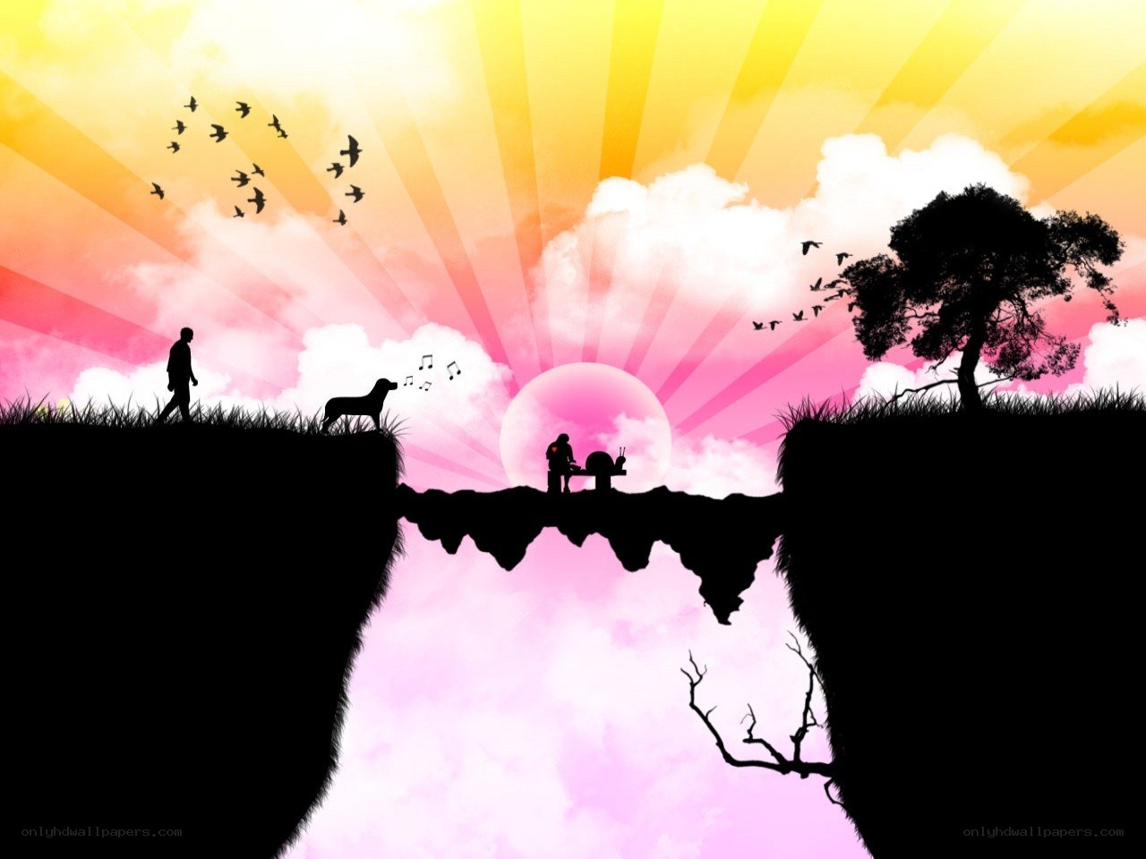 Silhouette sunset with music