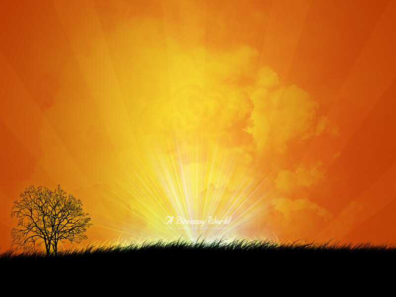 Silhouette Tree at Sunset — Orange, Dramatic, Digital Art, Grass, Sun