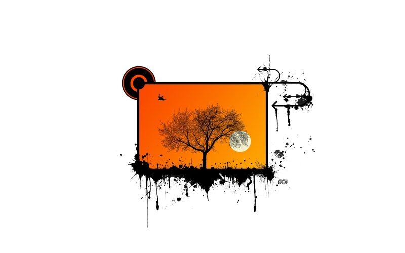 Silhouette Tree at Sunset — Orange, Dramatic, Digital Art, Moon