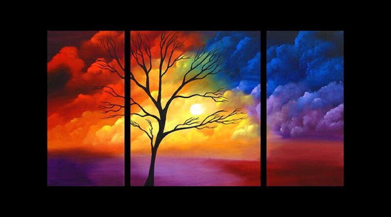 Silhouette Tree at Sunset — Red, Dramatic, Painting