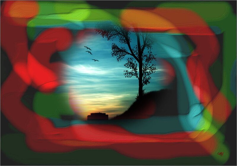 Silhouette Tree at Sunset — Red, Serene
