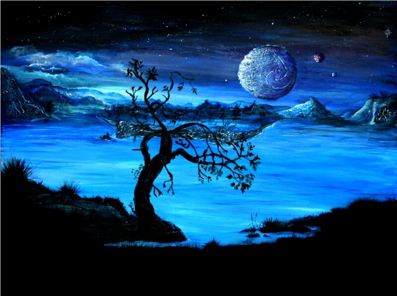 Silhouette Tree by Lake — Blue, Serene