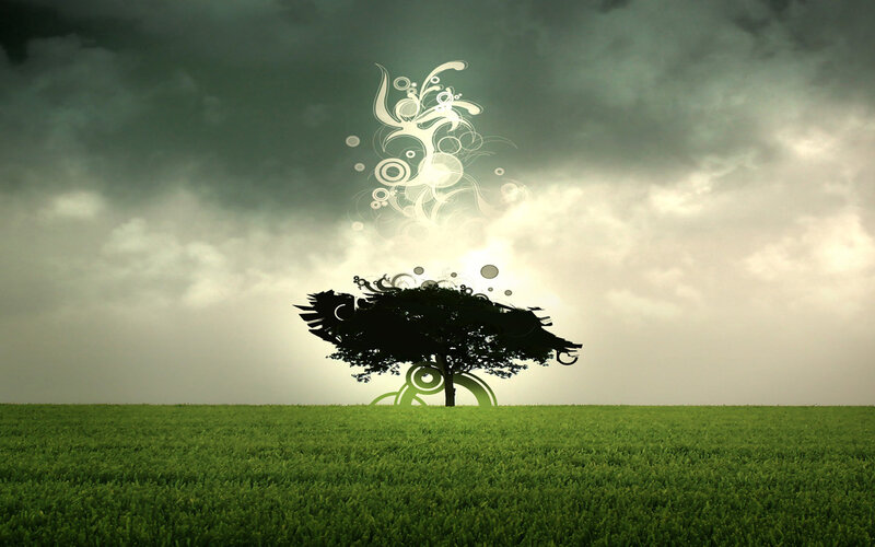 Silhouette Tree in Field — Green, Dramatic, Digital Art, Sky