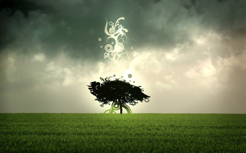 Silhouette Tree in Field — Green, Dramatic, Digital Art