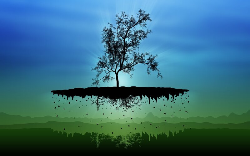 Silhouette Tree on Floating Island — Blue, Dramatic