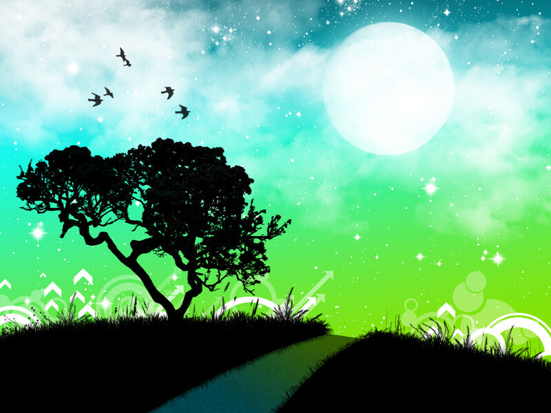 Silhouette Tree on Hill — Green, Serene, Night, Digital Art