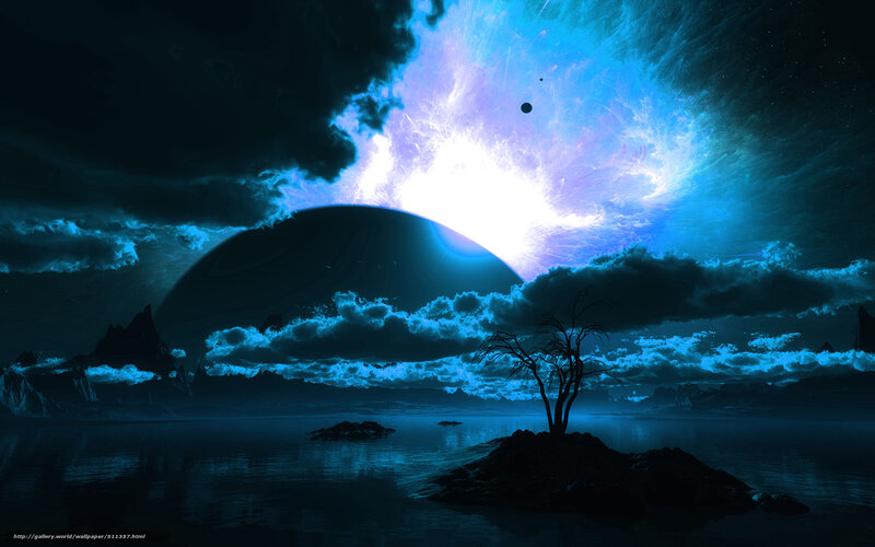 Silhouette Tree on Island — Blue, Dramatic, Night, Digital Art