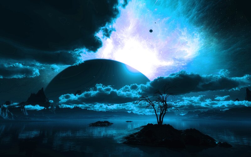 Silhouette Tree on Island — Blue, Dramatic