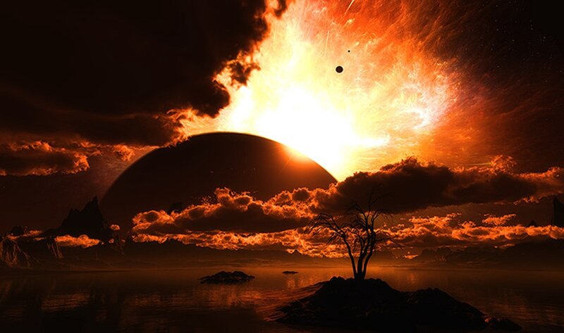 Silhouette Tree on Island — Orange, Dramatic, Sunset, Digital Art, Planet, Sun, Clouds