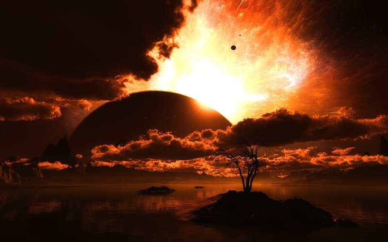 Silhouette Tree on Island — Orange, Dramatic, Sunset, Digital Art, Planet, Sun