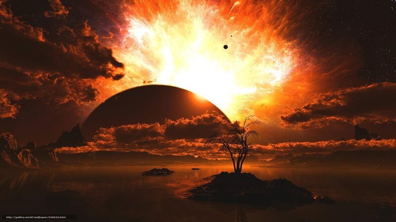 Silhouette Tree on Island — Orange, Dramatic, Sunset, Digital Art, Planet