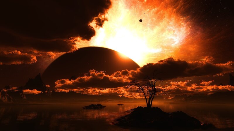 Silhouette Tree on Island — Orange, Dramatic