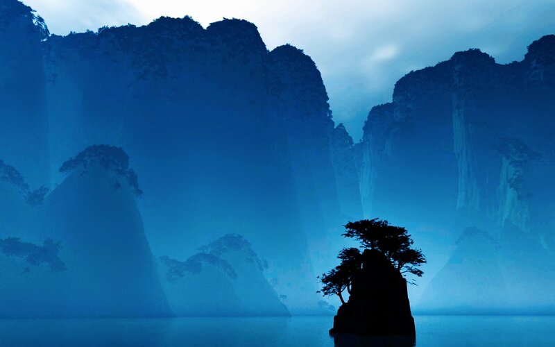 Silhouette Tree on Rock — Blue