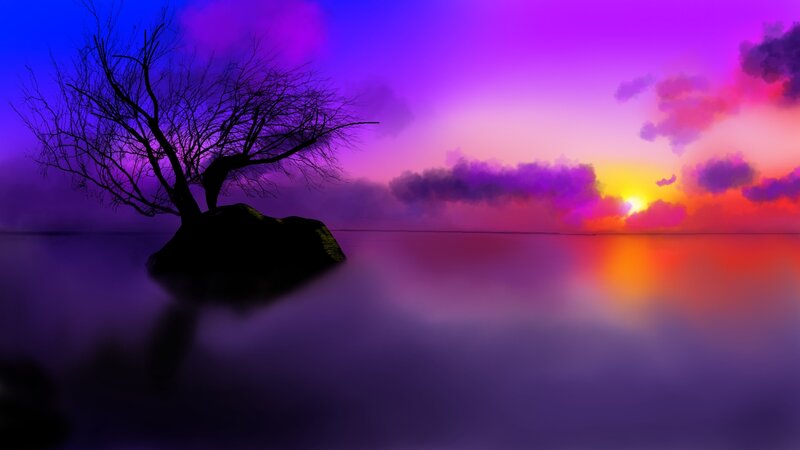 Silhouette Tree on Rock — Purple, Dramatic