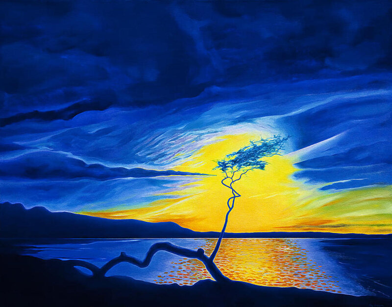 Silhouette Tree on Shore — Blue