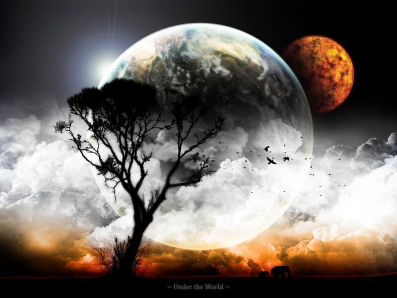 Silhouette tree under alien worlds