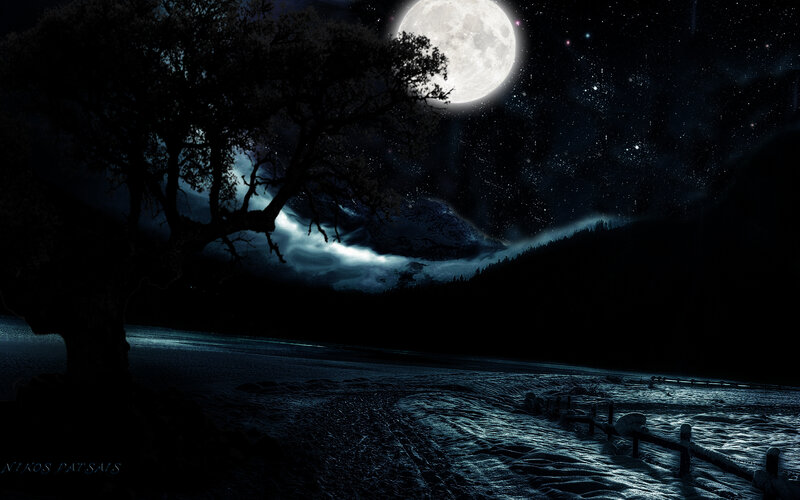 Silhouette Tree under Moon — Blue, Dramatic