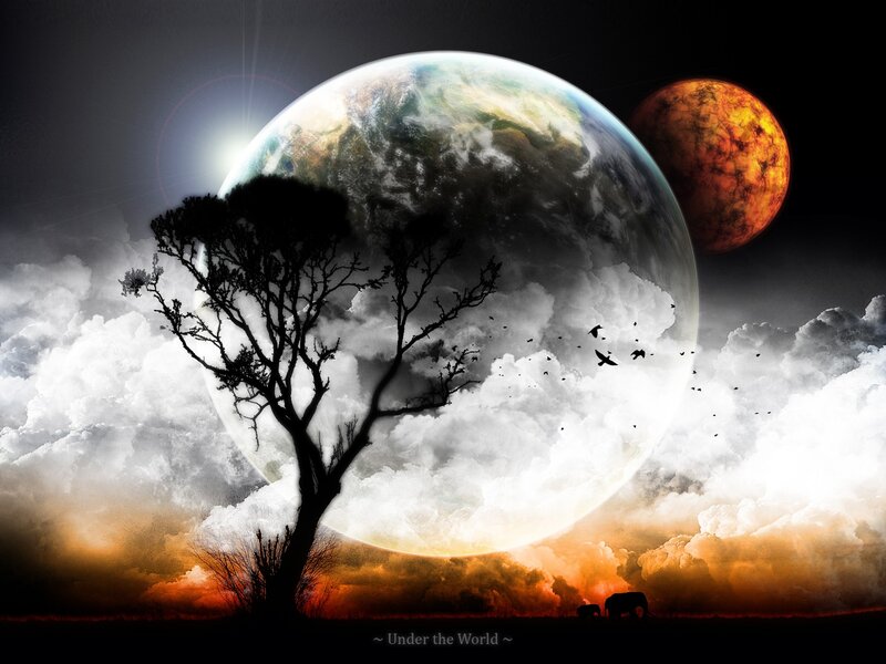 Silhouette Tree under Planets — Black, Dramatic