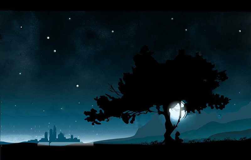 Silhouette tree under starry sky