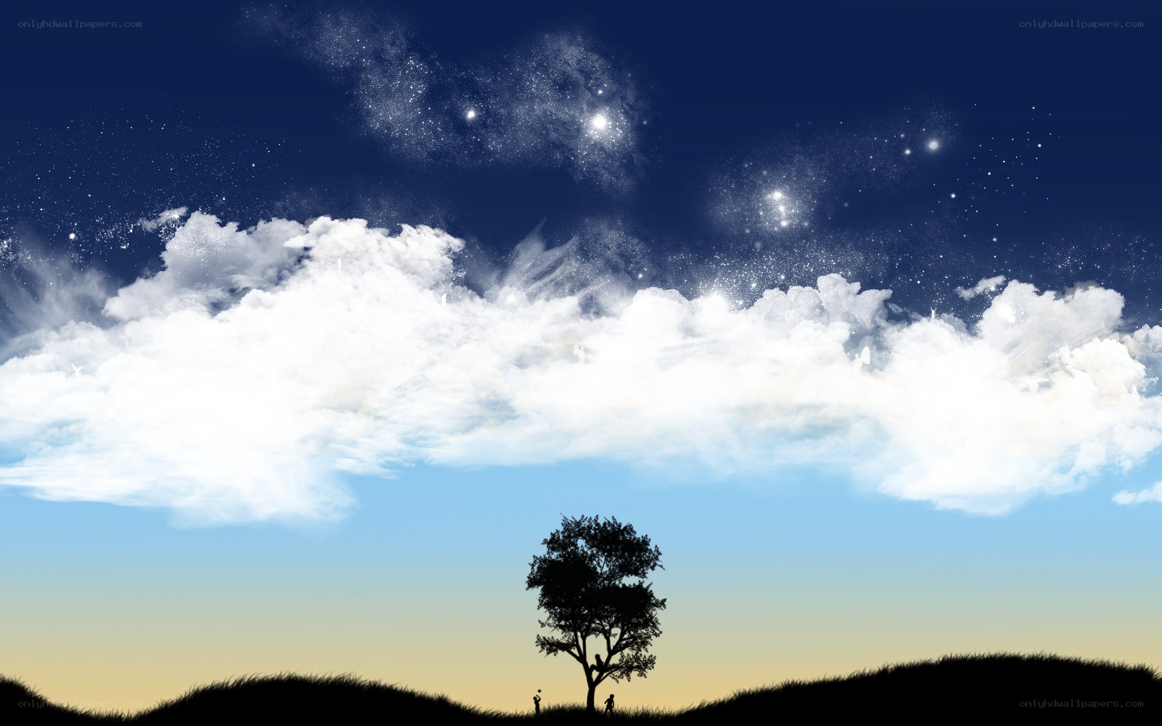 Silhouette tree under starry sky