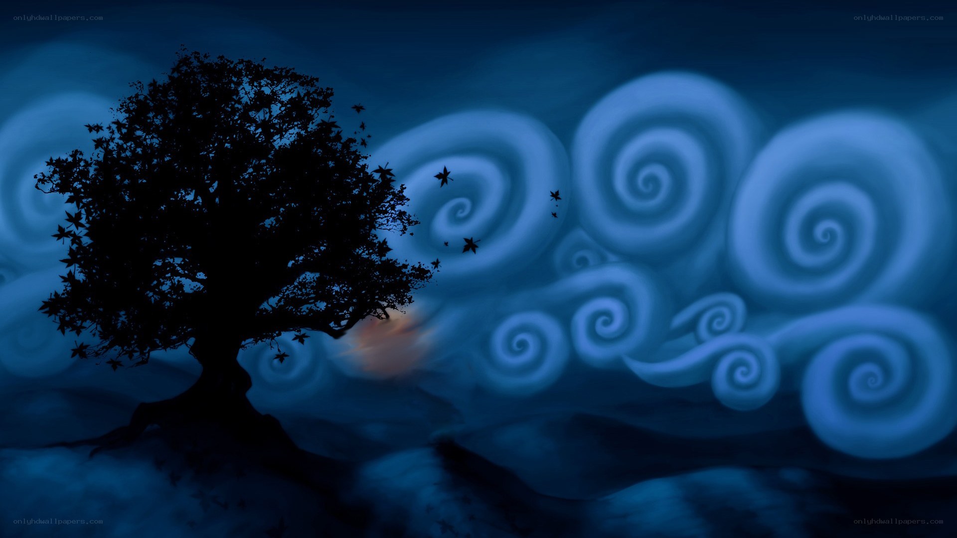 Silhouette tree under swirling sky