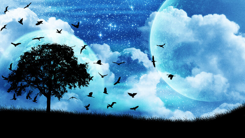 Silhouette Tree with Birds — Blue