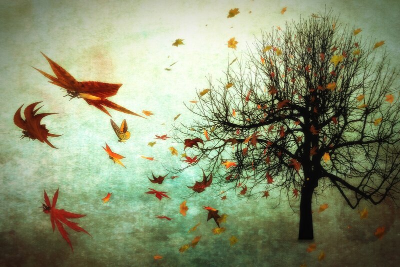Silhouette Tree with Falling Leaves — Green