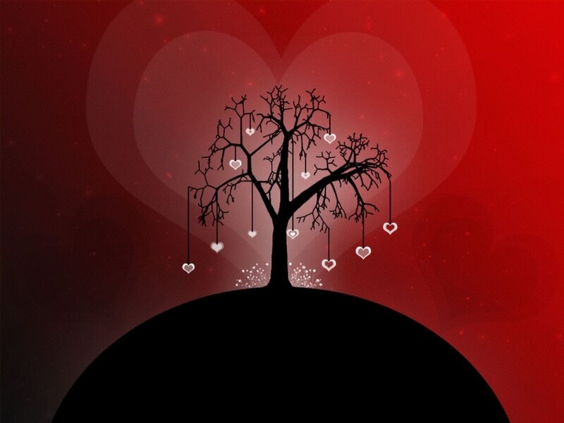 Silhouette Tree with Hearts — Red, Romantic, Night, Digital Art, Sparkles