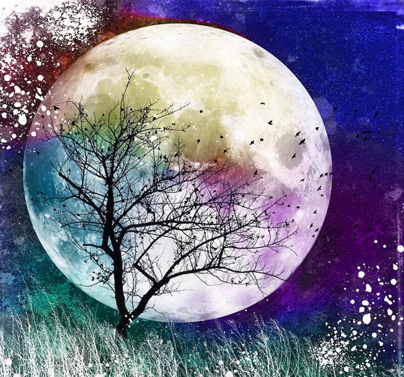 Silhouette Tree with Moon — Purple
