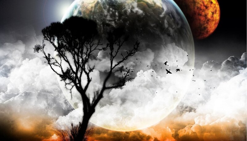 Silhouette Tree with Planets — White