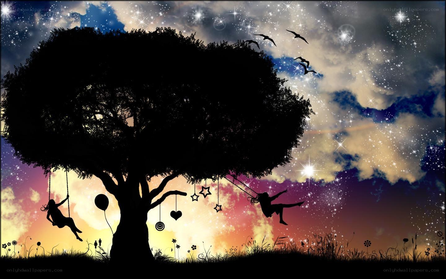 Silhouette tree with swings